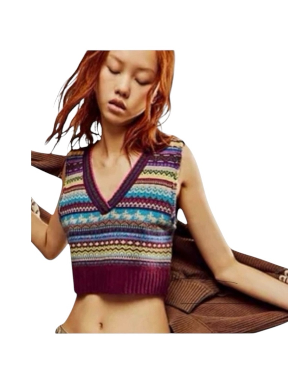 FREE PEOPLE Cropped Sweater Vest, Sangria Combo in Wine/Bordeaux, Size XS.